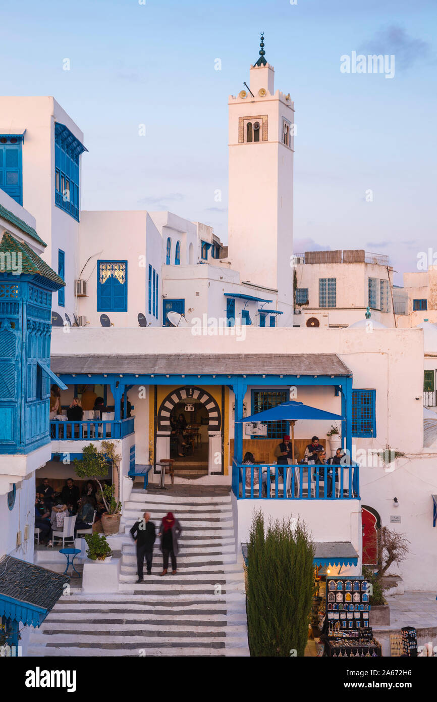 Tunisia, Sidi Bou Said, View of Cafe El Alia and Sidi Bou Said Mosque Stock Photo