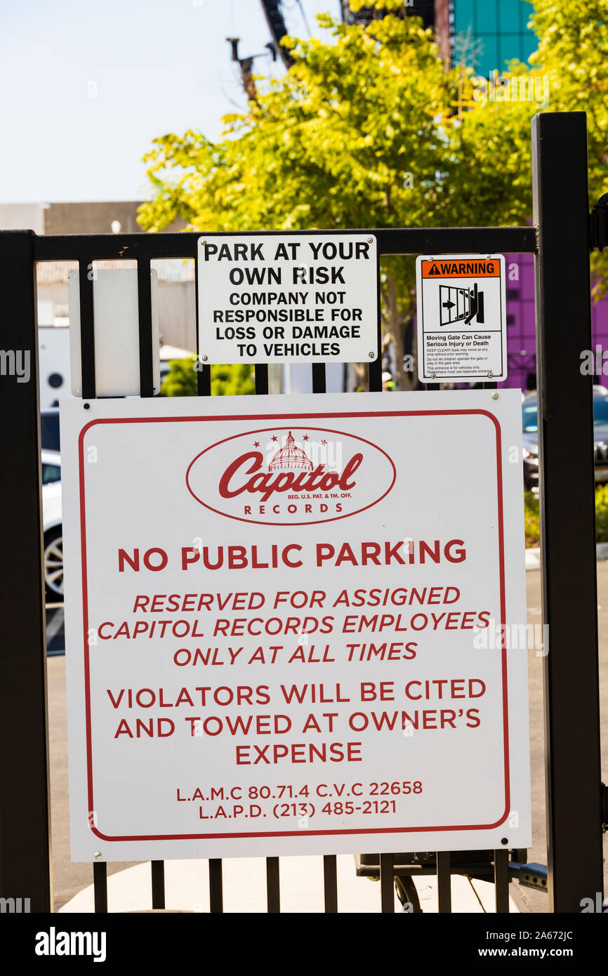 Capitol Records warning sign against parking on a gate. Hollywood, Los Angeles, California, United States of America. October 2019 Stock Photo