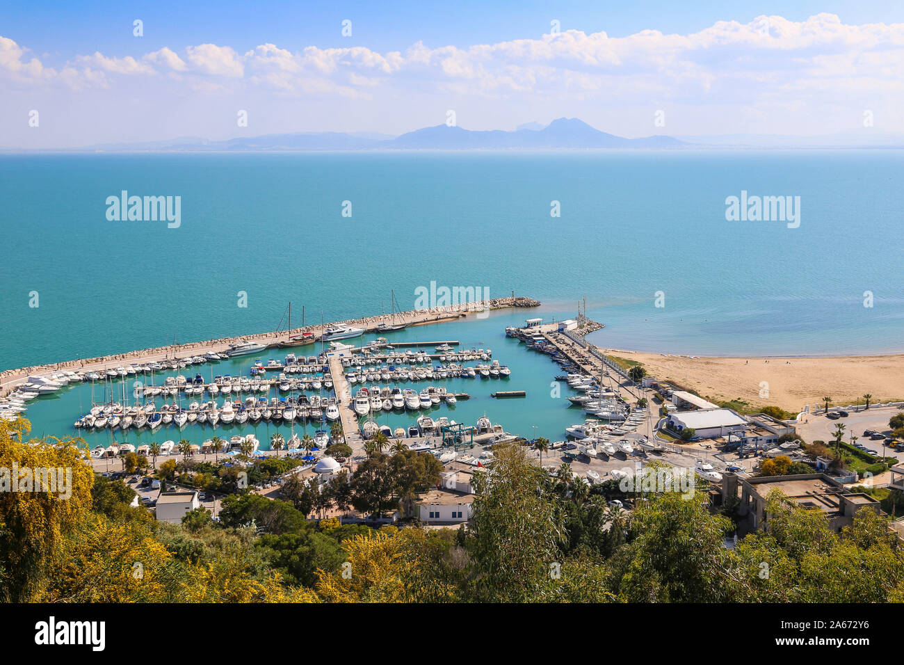 Tunisia, Sidi Bou Said, View of Sidi Bou Said marina Stock Photo