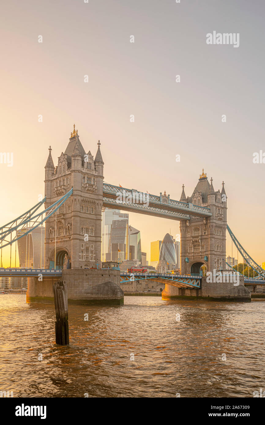 UK, England, London, Tower Bridge and City skyline beyond Stock Photo
