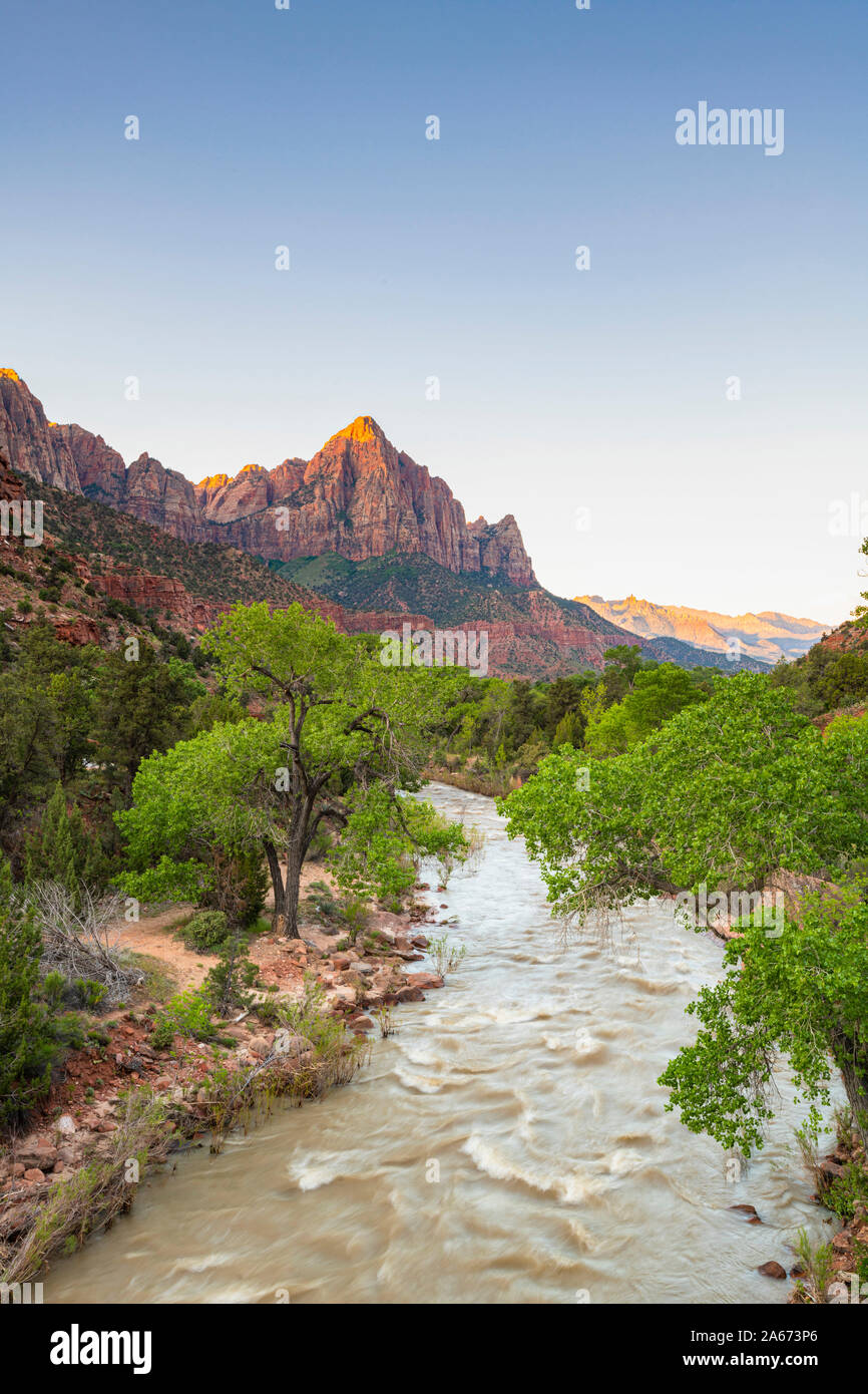 Virgin river and the Watchman, Zion National Park, Utah, USA Stock Photo