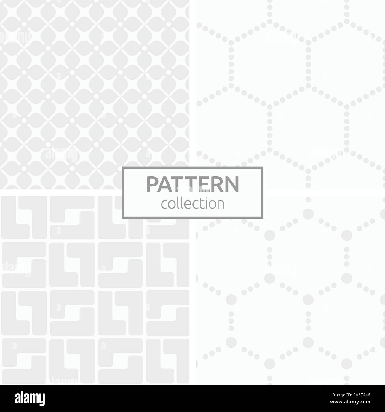 Set of four abstract geometric seamless patterns. Modern stylish backgrounds. White and gray geometric textures. Dotted hexagons, stylized flowers. Stock Vector