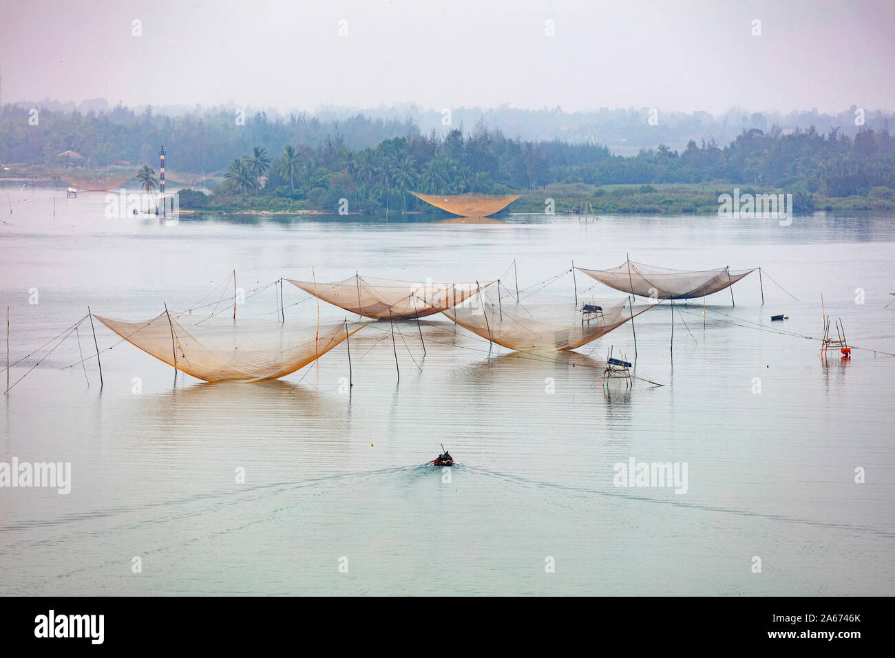 Square fishing nets (carrelets), Thu Bon River, Quang Nam Province, Vietnam Stock Photo