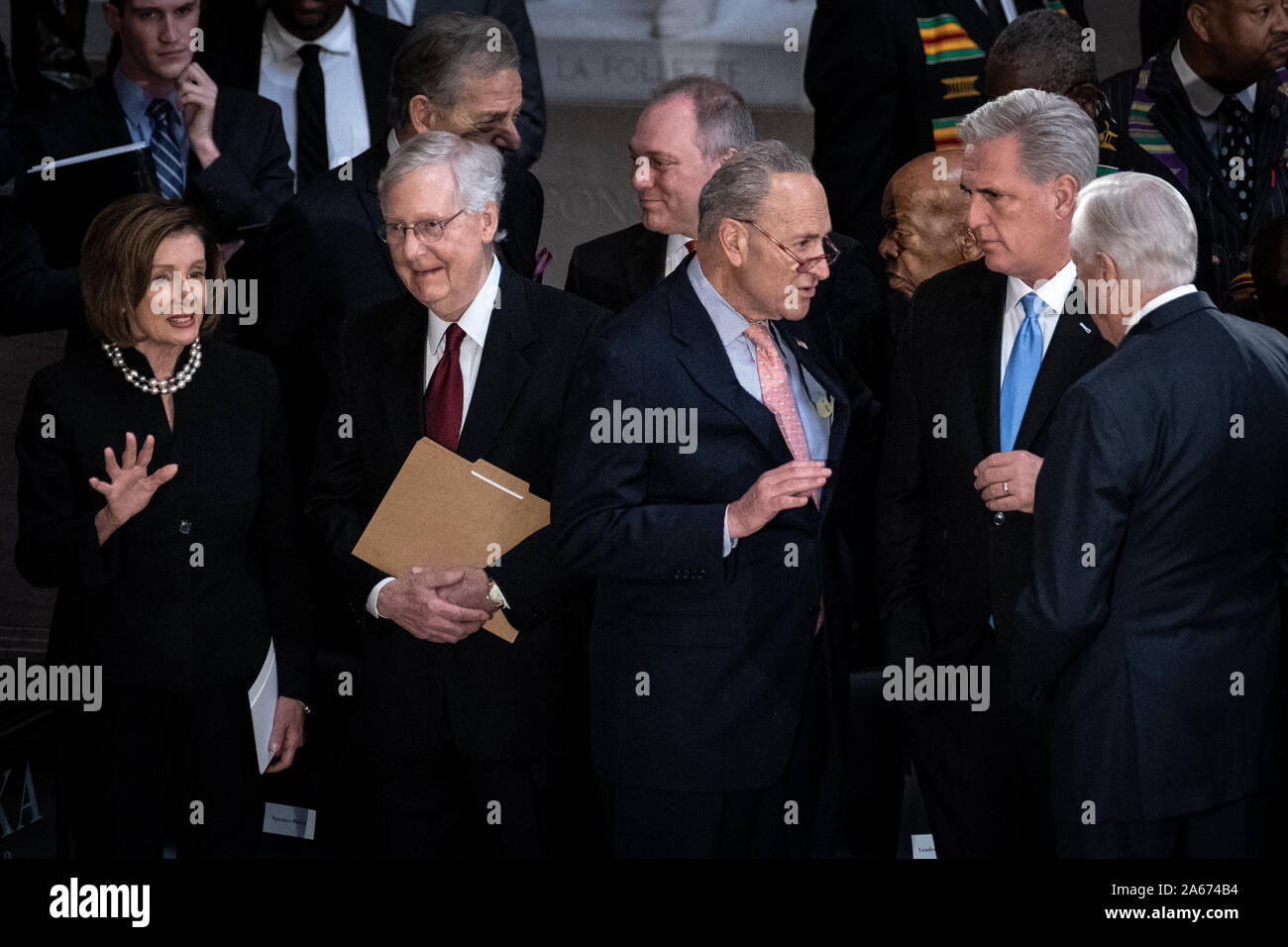 House Speaker Nancy Pelosi (D-CA) talks with Senate Majority Leader Mitch McConnell (R-KY) as Senate Minority Leader Chuck Schumer (D-NY) talks with House Minority Leader Kevin McCarthy (R-CA) and House Majority Leader Steny Hoyer (D-MD) before the start of a memorial service for late Maryland Representative Elijah Cummings in National Statuary Hall at the U.S. Capitol in Washington, DC on Thursday, October 24, 2019. Cummings died at the age of 68 on October 17 due to complications concerning long-standing health challenges. Pool Photo by Erin Schaff/UPI Stock Photo
