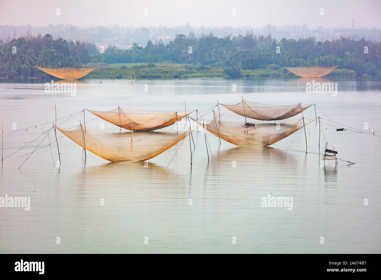 Square fishing nets (carrelets), Thu Bon River, Quang Nam Province, Vietnam Stock Photo
