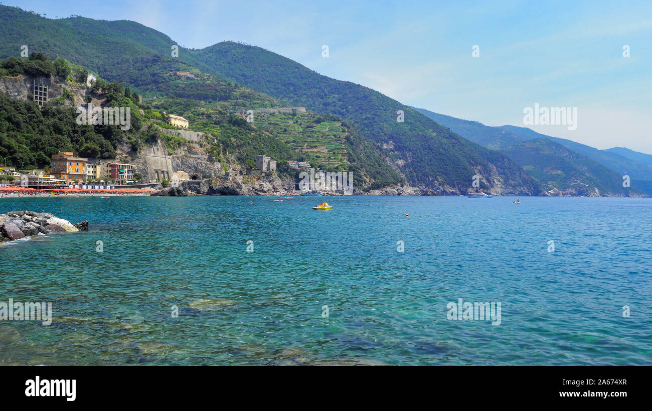 National park, Parco Nazionale delle Cinque Terre, province of La Spezia, Liguria, Italy. Seashore of Monterosso al Mare. View from Mediterranean Sea. Stock Photo