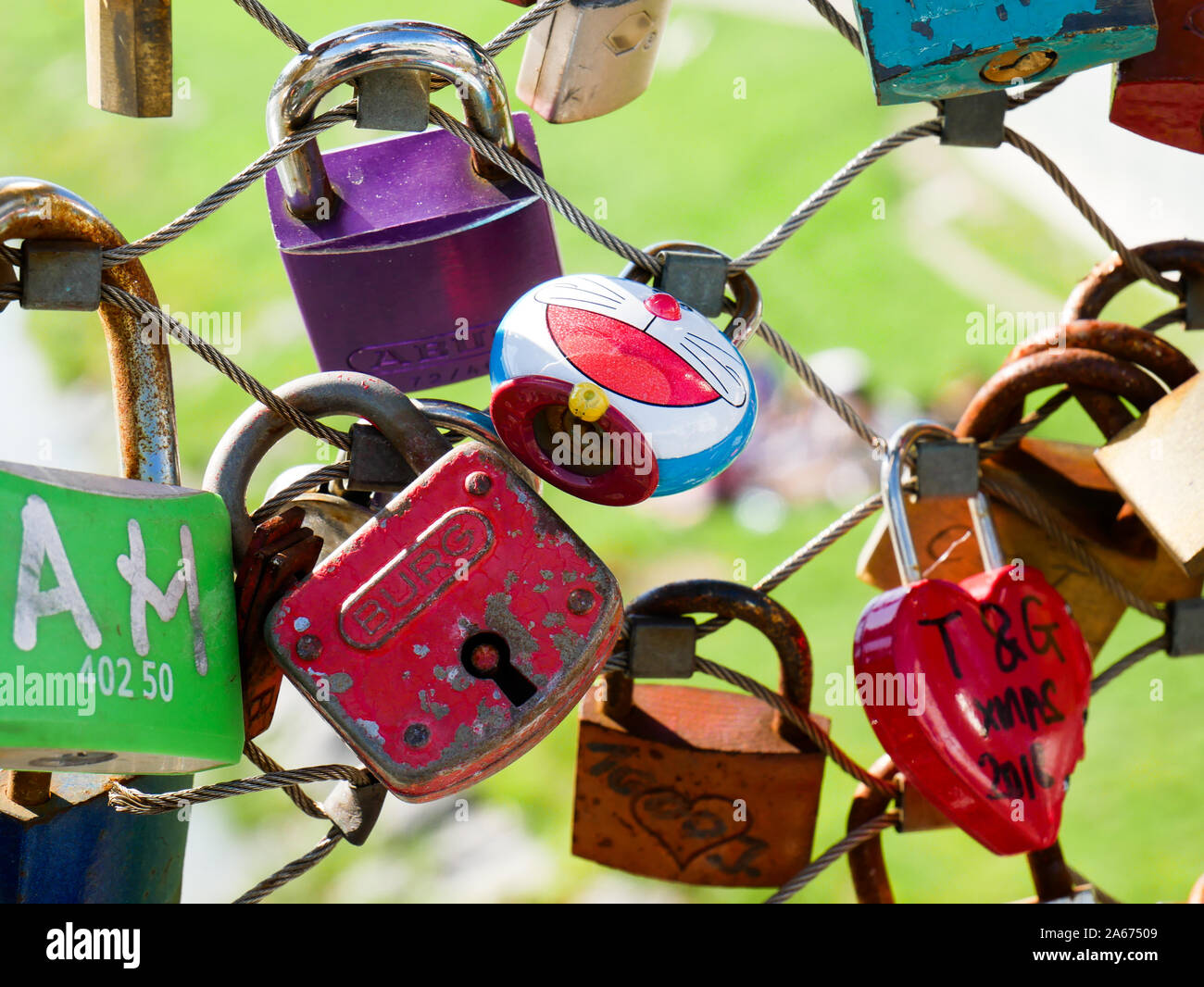 Salzburg/Austria june 2 2019 details of locks on Makarsteg pedestrian bridge in Salzburg