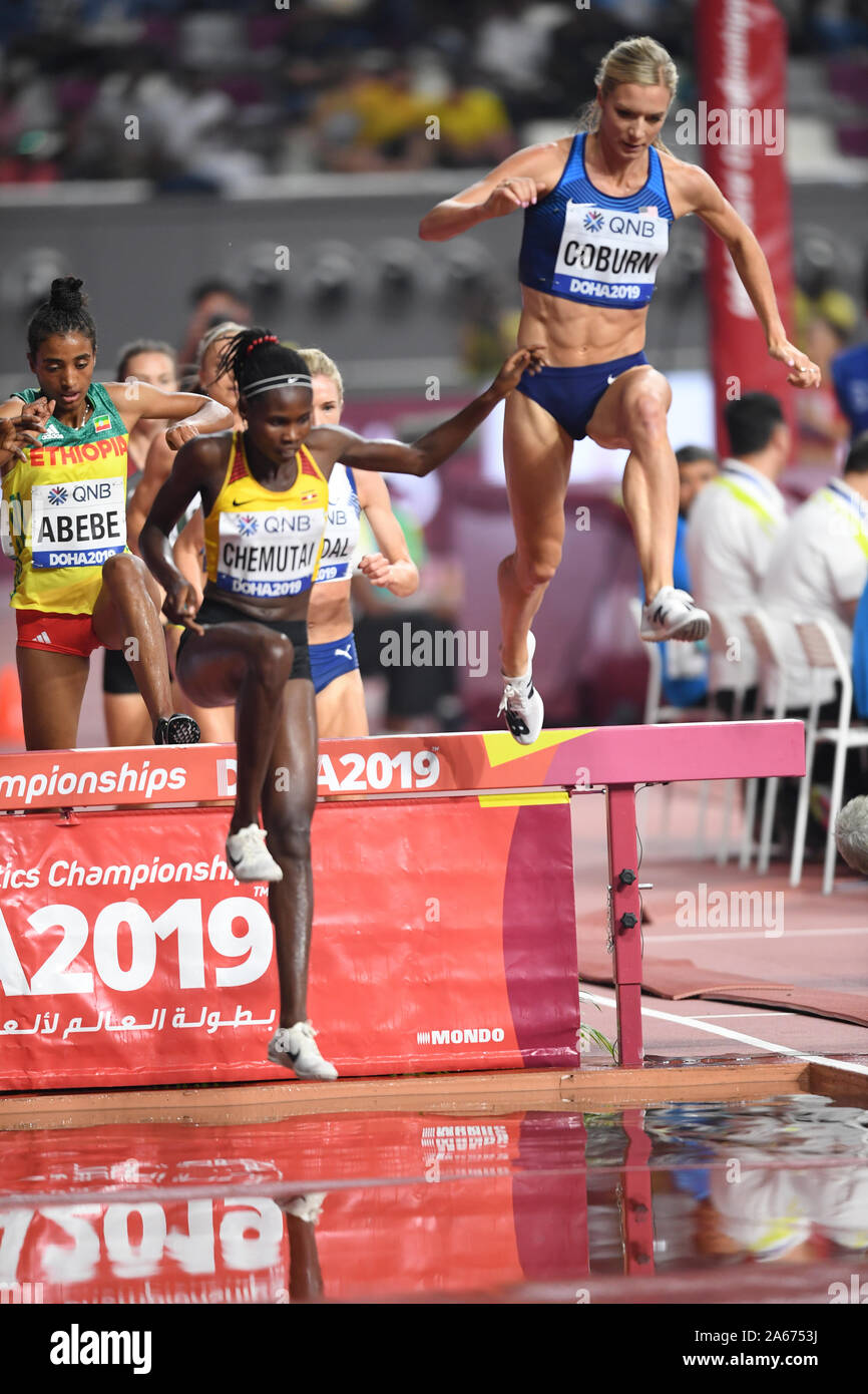 Peruth Chemutai (Uganda), Emma Coburn (USA). 3000 Metres Steeplechase  Women, heats. IAAF World Athletics Championships, Doha 2019 Stock Photo -  Alamy