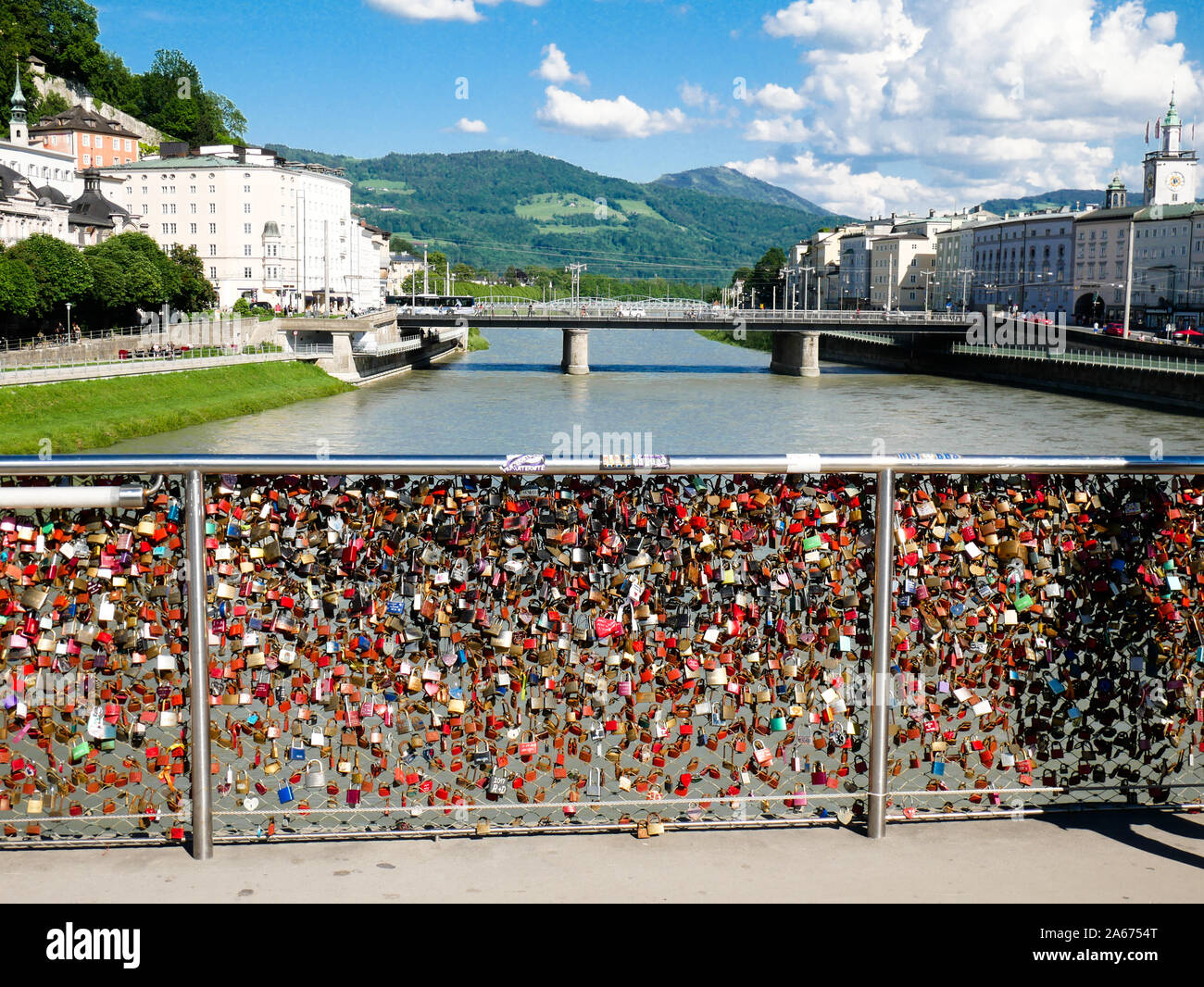 Salzburg/Austria june 2 2019 locks on Makarsteg pedestrian bridge in Salzburg Austria Stock
