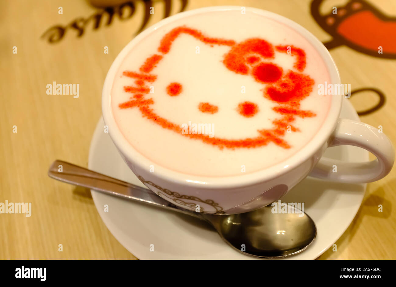 Bangkok Thailand 02 Apr 18 Hello Kitty Cute Face Made Of Pink Powder On The Milk Foam With Vintage Tone Color Stock Photo Alamy