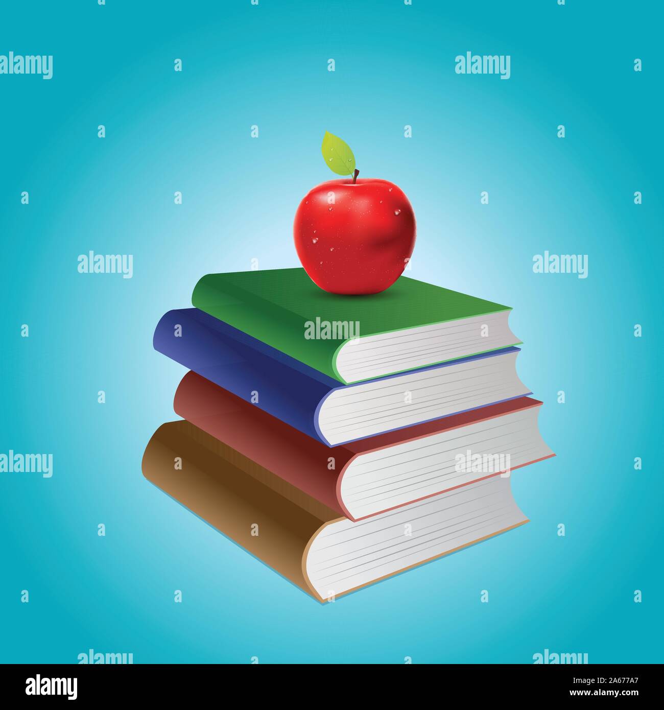 Red apple on top of book stack on blue background. Stock Vector