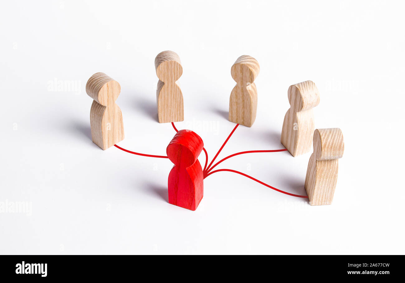 The red human figure is connected by lines with five persons. Business management. Spreading rumors. Leadership, teamwork. Cooperation and collaborati Stock Photo