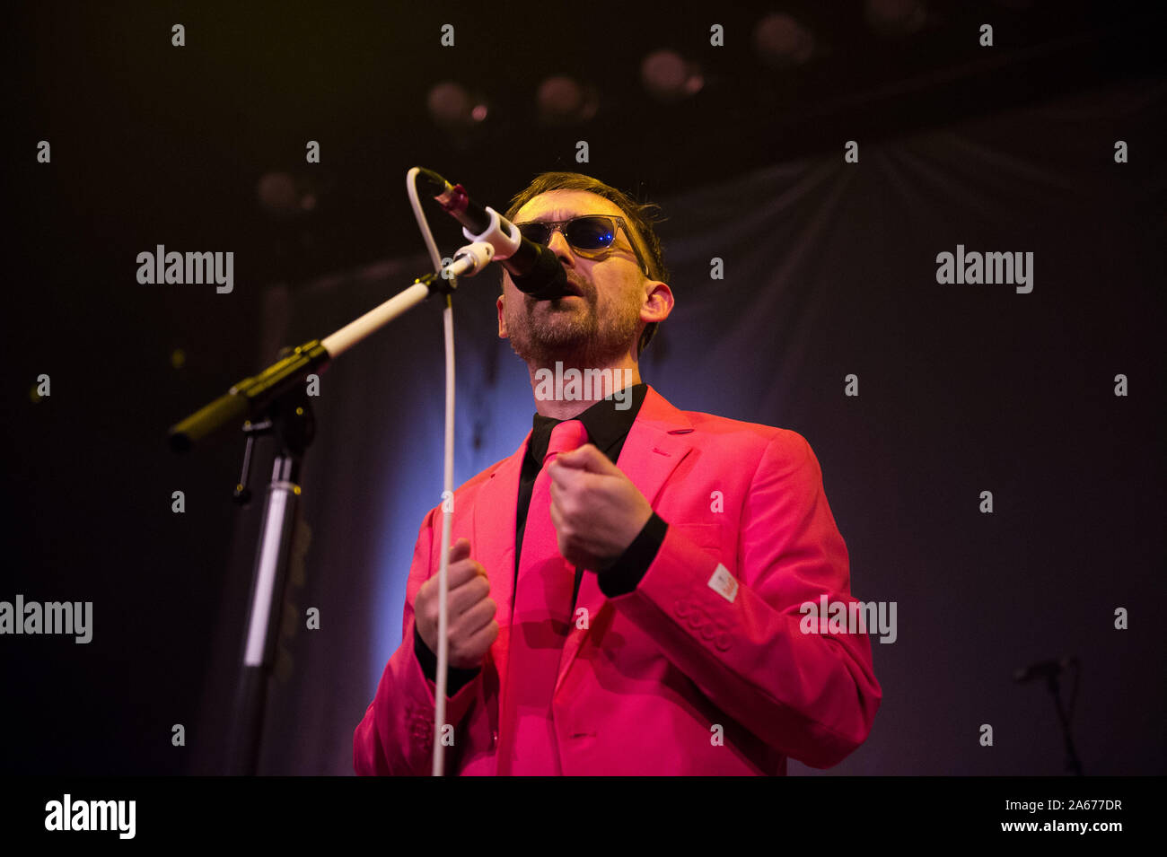 Glasgow, UK. 10 October 2019.  Pictured: Neil Hannon - Singer; Songwriter and Frontman of The Divine Comedy. The Divine Comedy in Concert at The Old Fruitmarket in Glasgow. They are performing their new studio album 'Office Politics'.  Credit: Colin Fisher/Alamy Live News Stock Photo