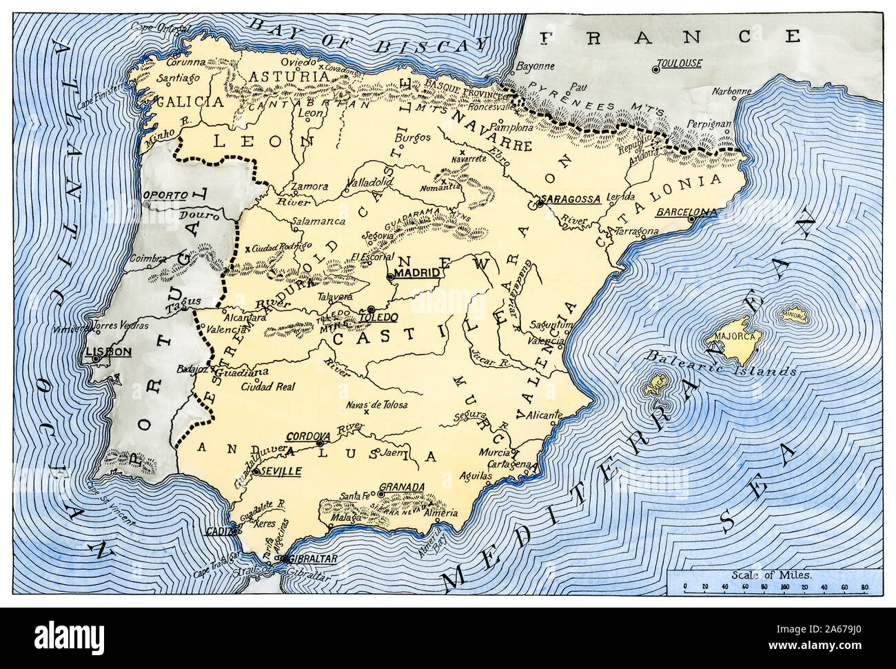 Map of Spain's ancient kingdoms. Hand-colored woodcut Stock Photo