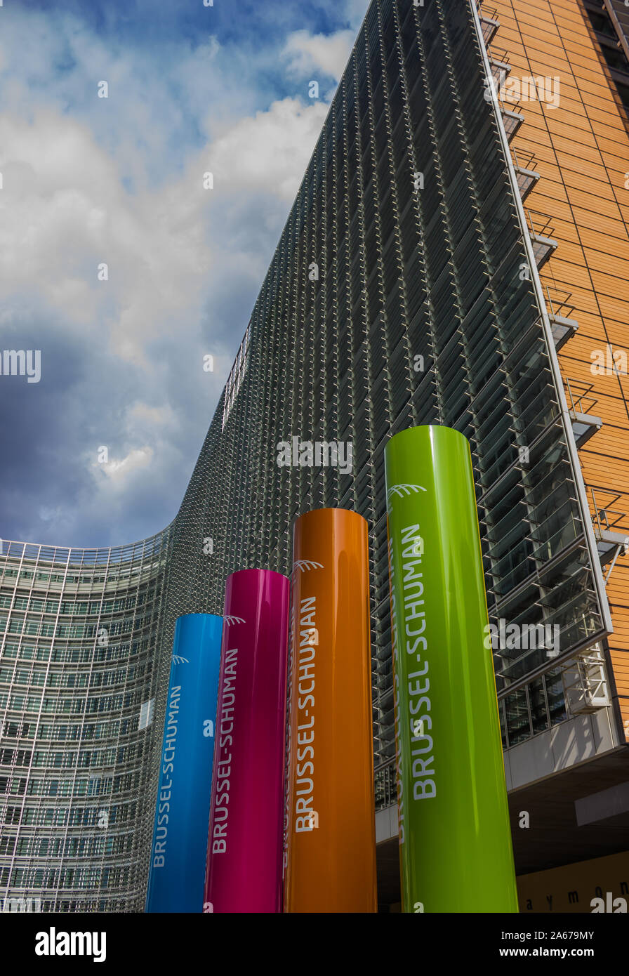 A picture of the transportation hub colorful columns at the bottom of the Le Berlaymont building (Brussels). Stock Photo
