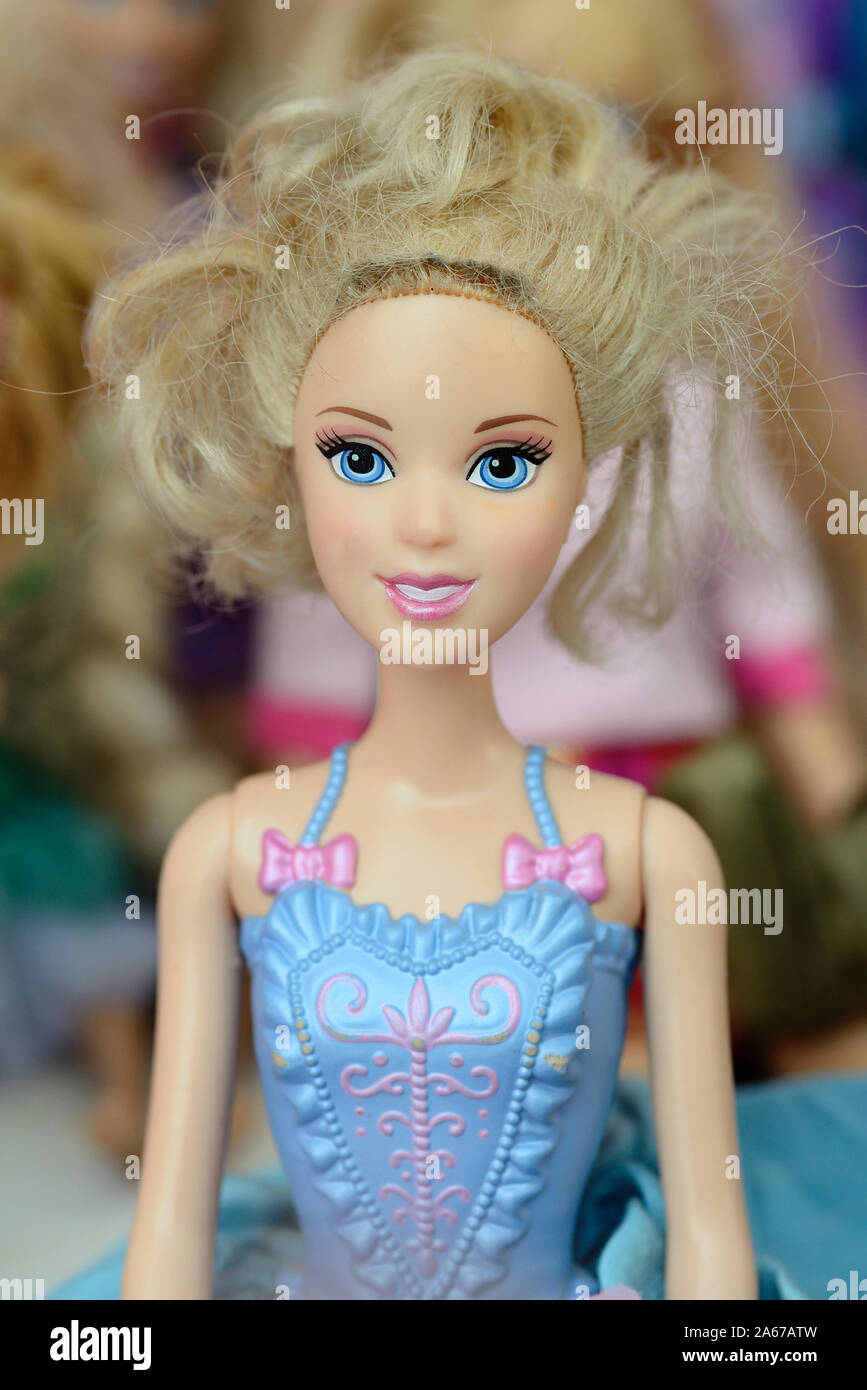 Close-up of a Barbie Doll Face with Blonde Hair Stock Photo