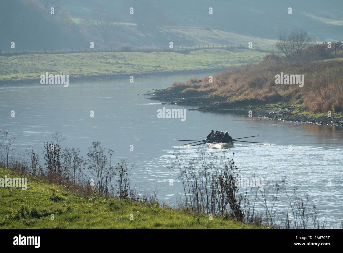Canoe paddlers on Weser river, Oberweser, Upper Weser Valley,  Weser Uplands, Hesse, Germany, Europe Stock Photo
