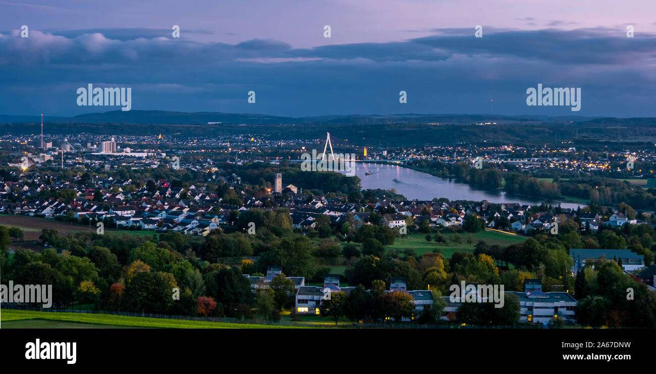 HDR sunset and moon rise of Neuwied, Rhineland Palatinate,Germany Stock Photo