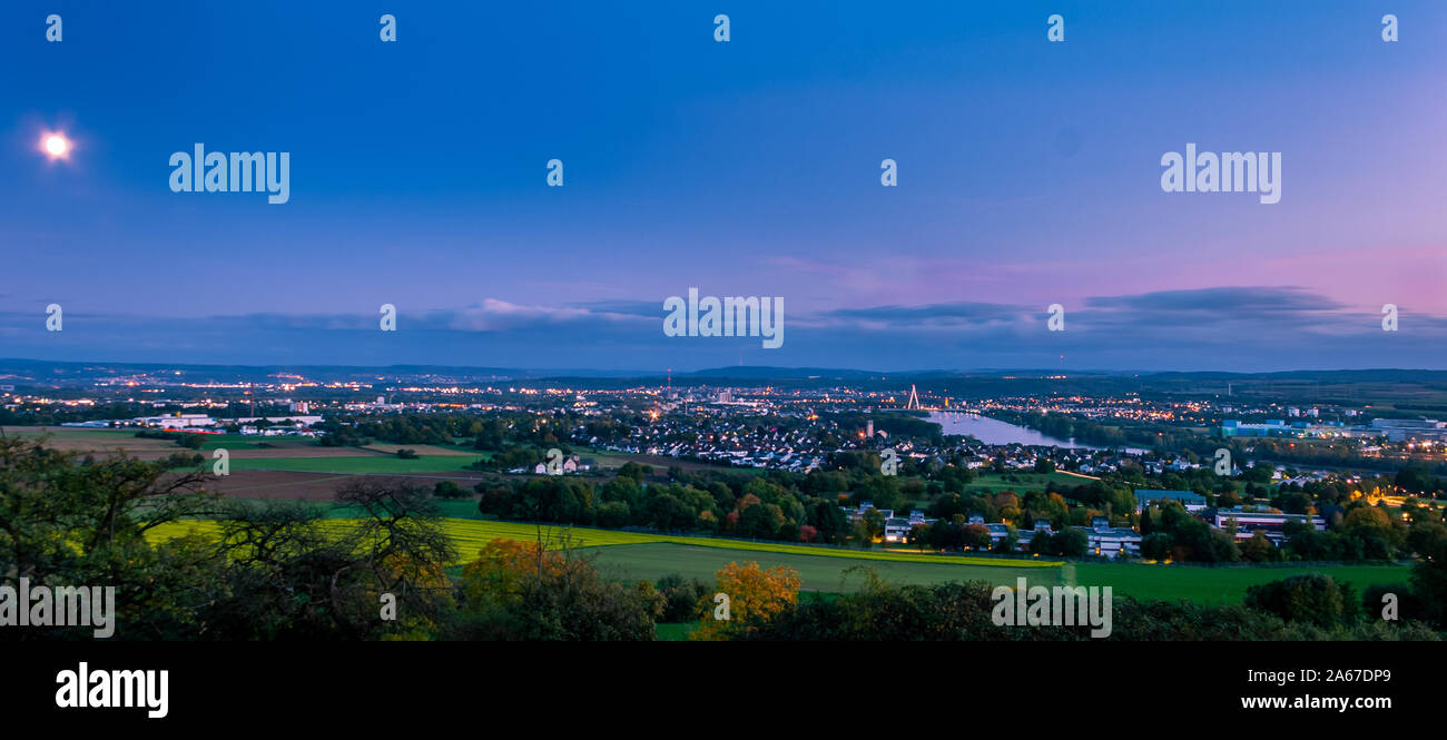 HDR sunset and moon rise of Neuwied, Rhineland Palatinate,Germany Stock Photo