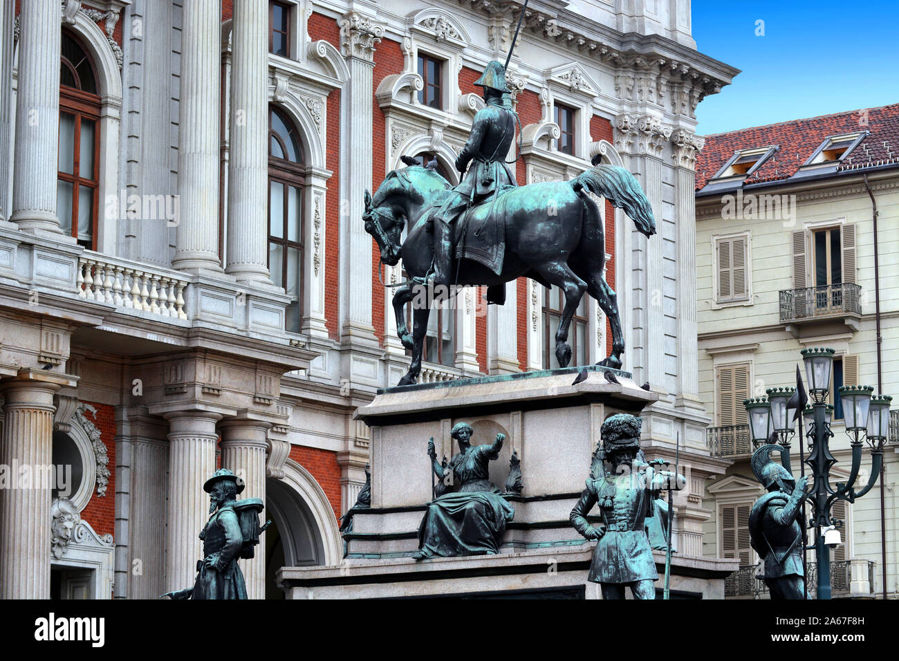 Turin, Piedmont/Italy -04/20/2019- Turin the equestrian statue of Carlo Alberto of Savoy and the Risorgimento Museum on background. Stock Photo