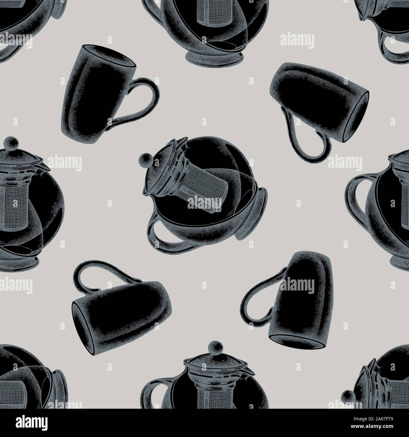 Seamless pattern with hand drawn stylized teapots, cups stock illustration Stock Vector