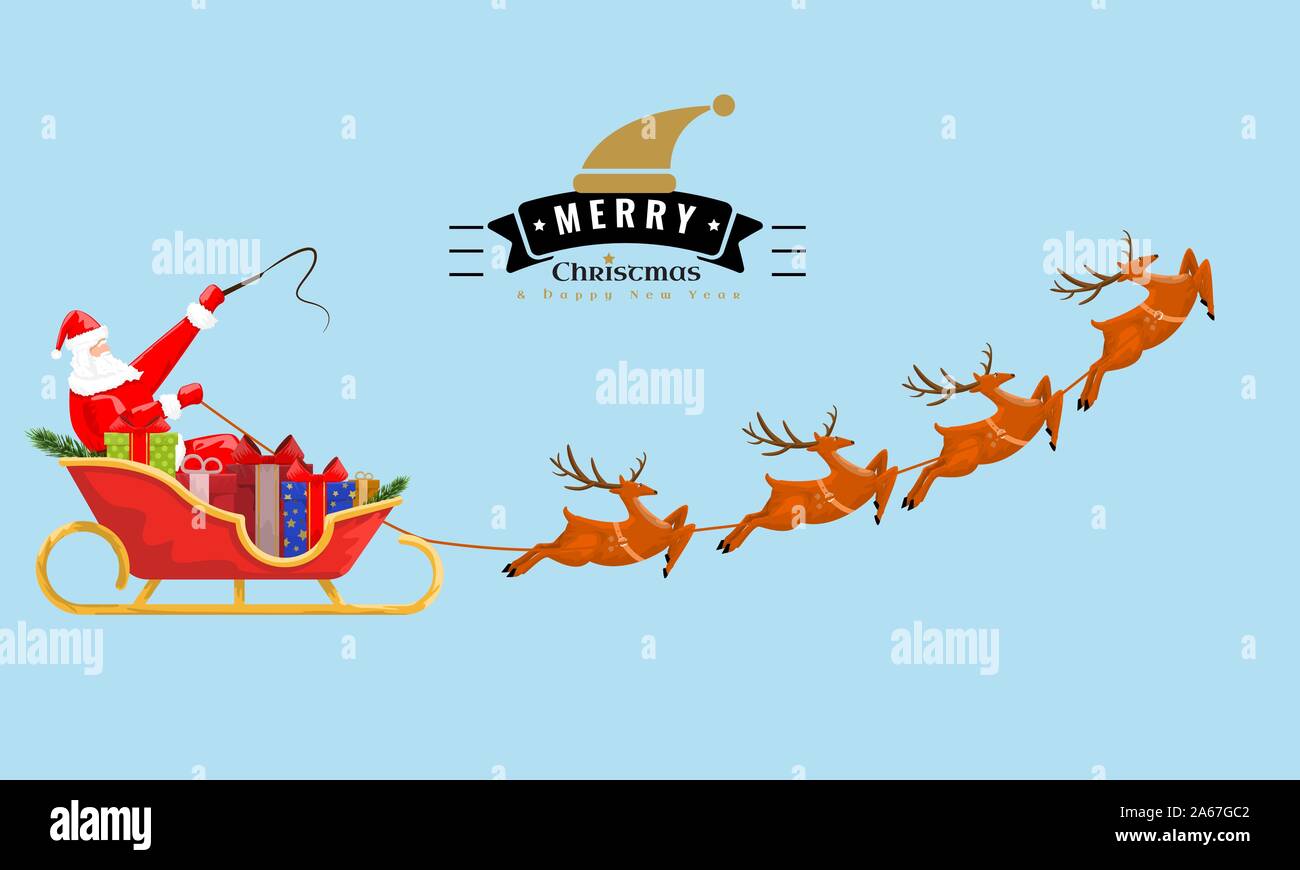 Santa Claus is flying with giftboxes and reindeers on sleigh. Vector illustration. Stock Vector