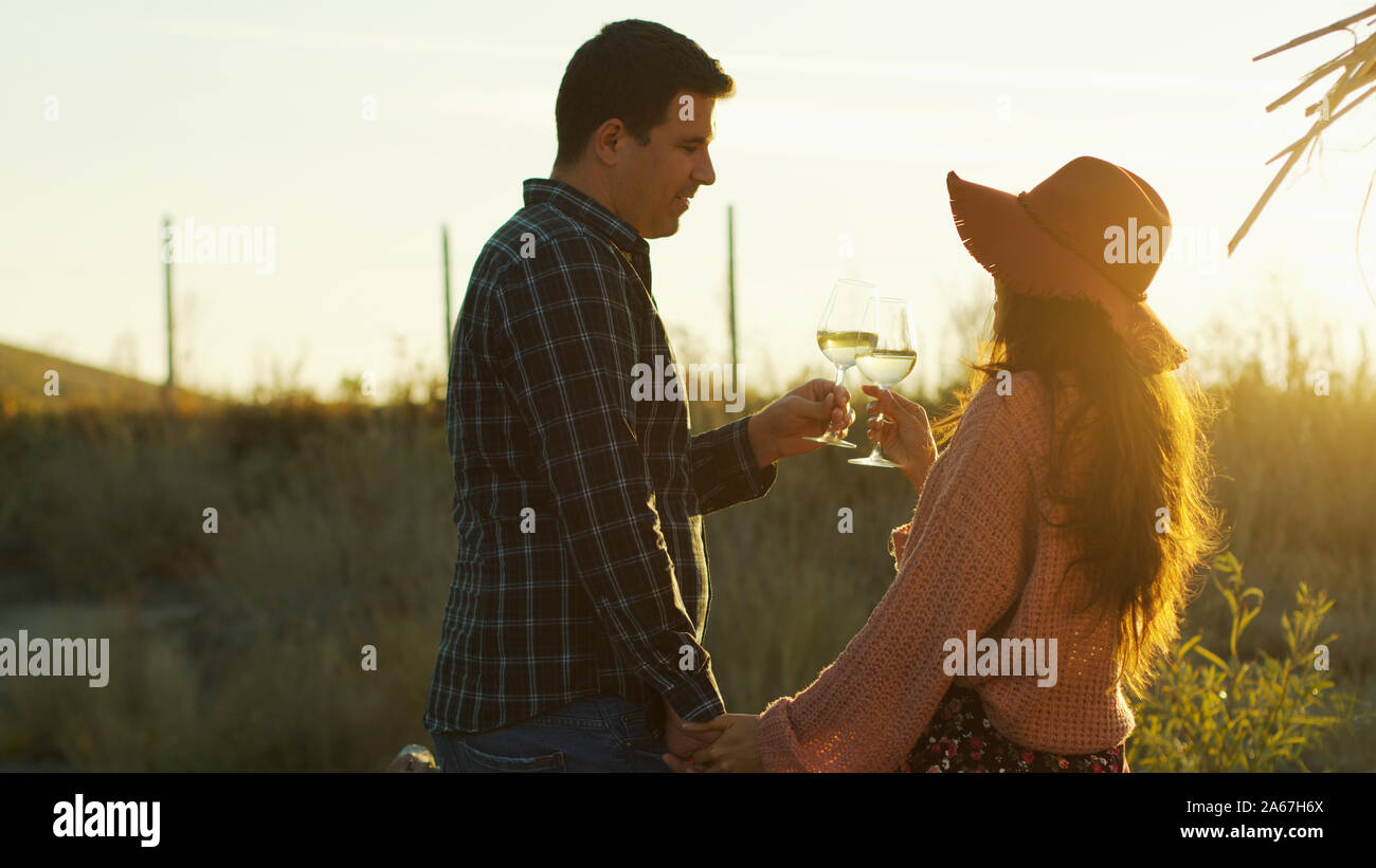 Couple holding hands and tasting white wine at the sunset. Stock Photo