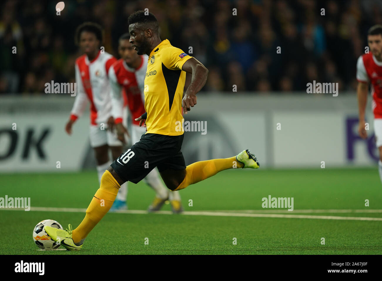 BERNE, SWITZERLAND - OCTOBER 24: Jean Pierre Nsamé of BSC Young Boys scores from the penalty spot during the Europa League Group G Stage football match between BSC Young Boys and Feyenoord Rotterdam at Stade de Suisse on October 24, 2019 in Berne, Switzerland (Photo by Daniela Porcelli/SPP) Stock Photo