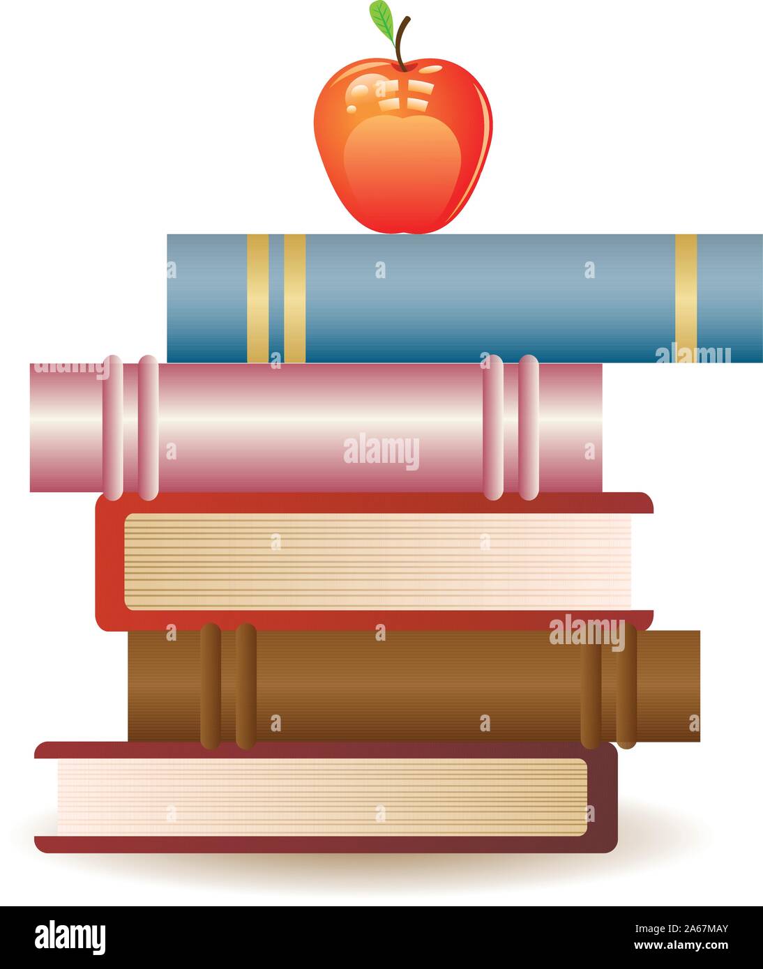 Stack of books and red apple on white background. Stock Vector