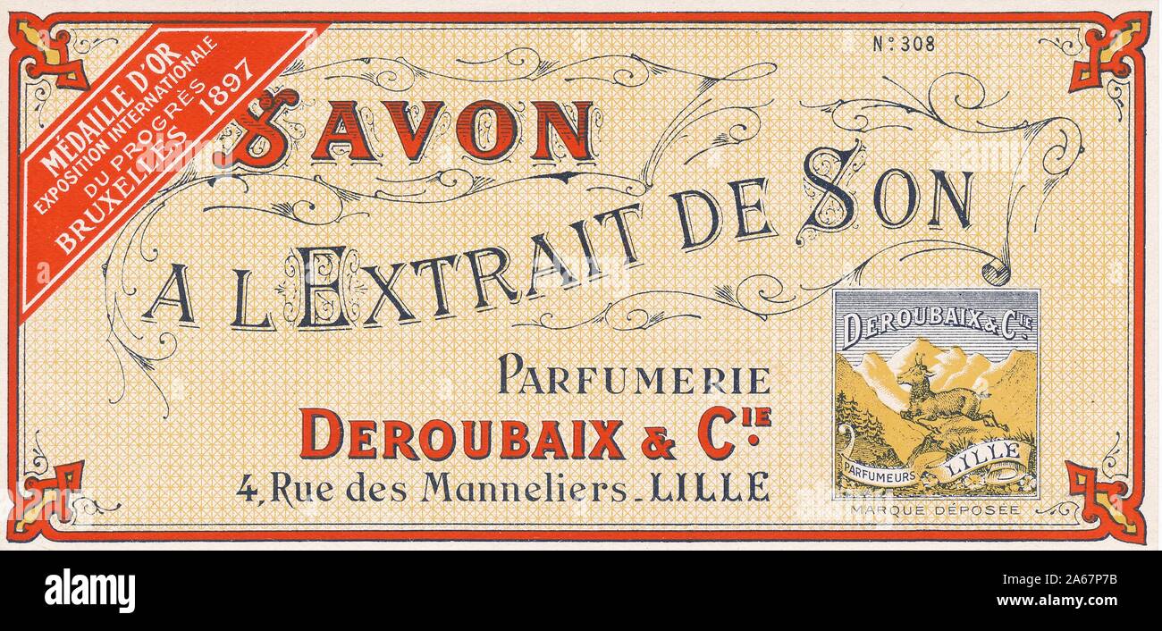 Label from a package of gold medal-winning 'Savon a l'Extrait de Son, ' a soap produced by Deroubaix and Cie, Lille, France, 1900. () Stock Photo