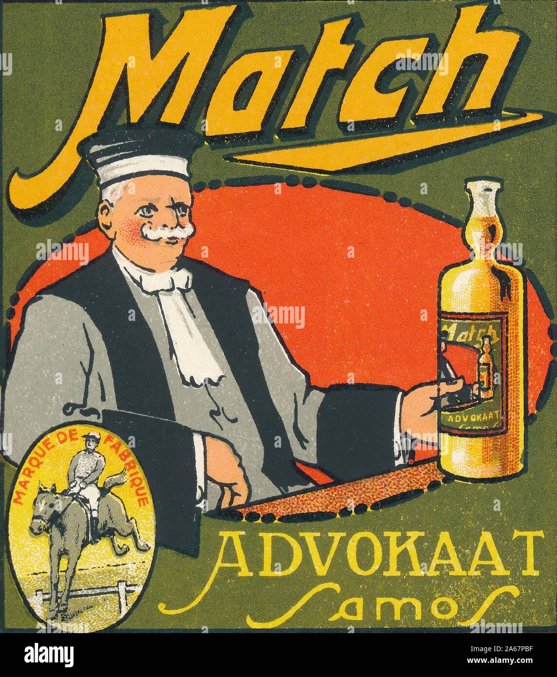 Vintage label from a bottle of 'Match Advokaat Samos, ' with an illustration of a seated lawyer holding a bottle of the eponymous Dutch advocaat liqueur, likely produced in the Netherlands, 1925. () Stock Photo