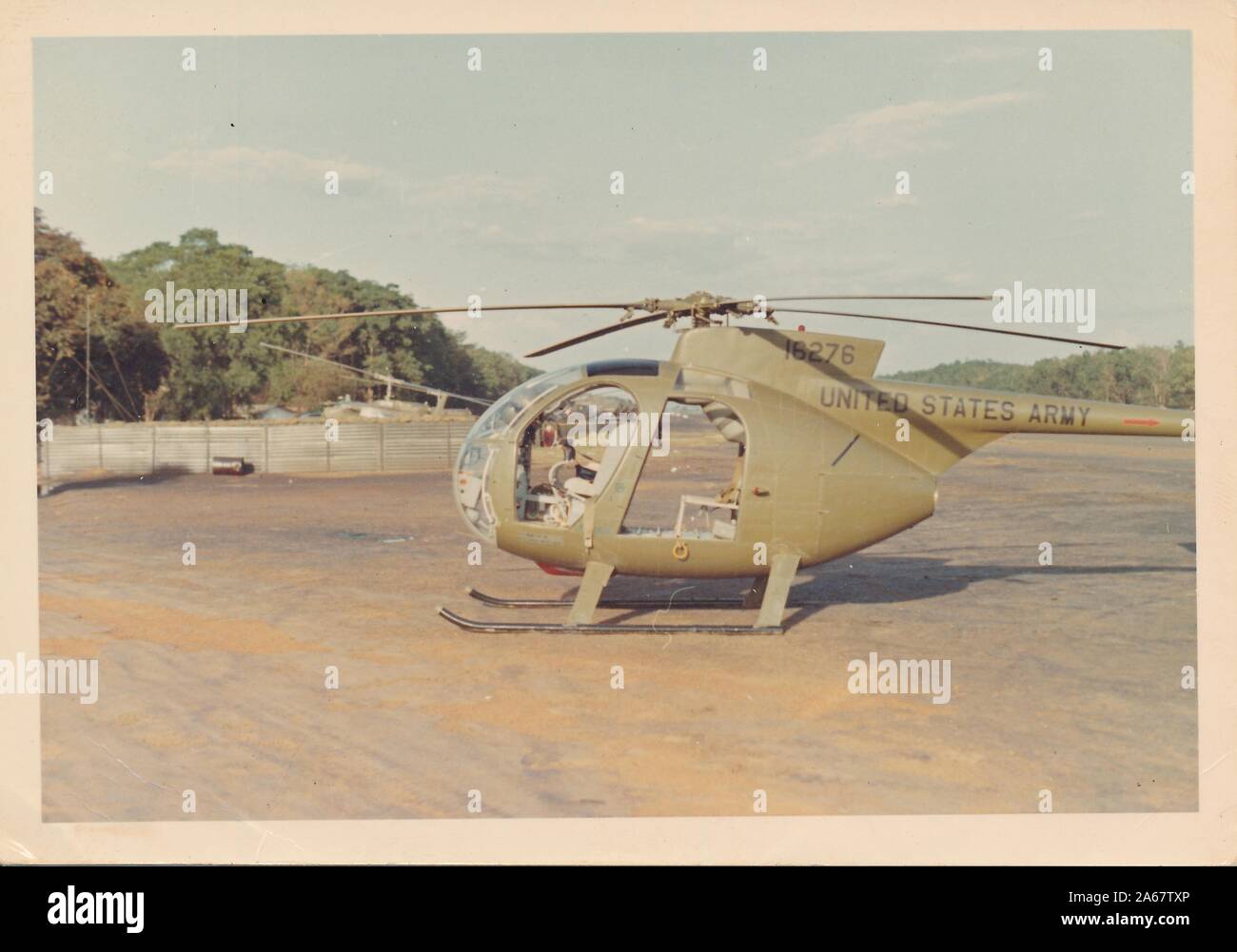 Hughes Oh6 Cayuse loach helicopter at a military installation in Vietnam during the Vietnam War
