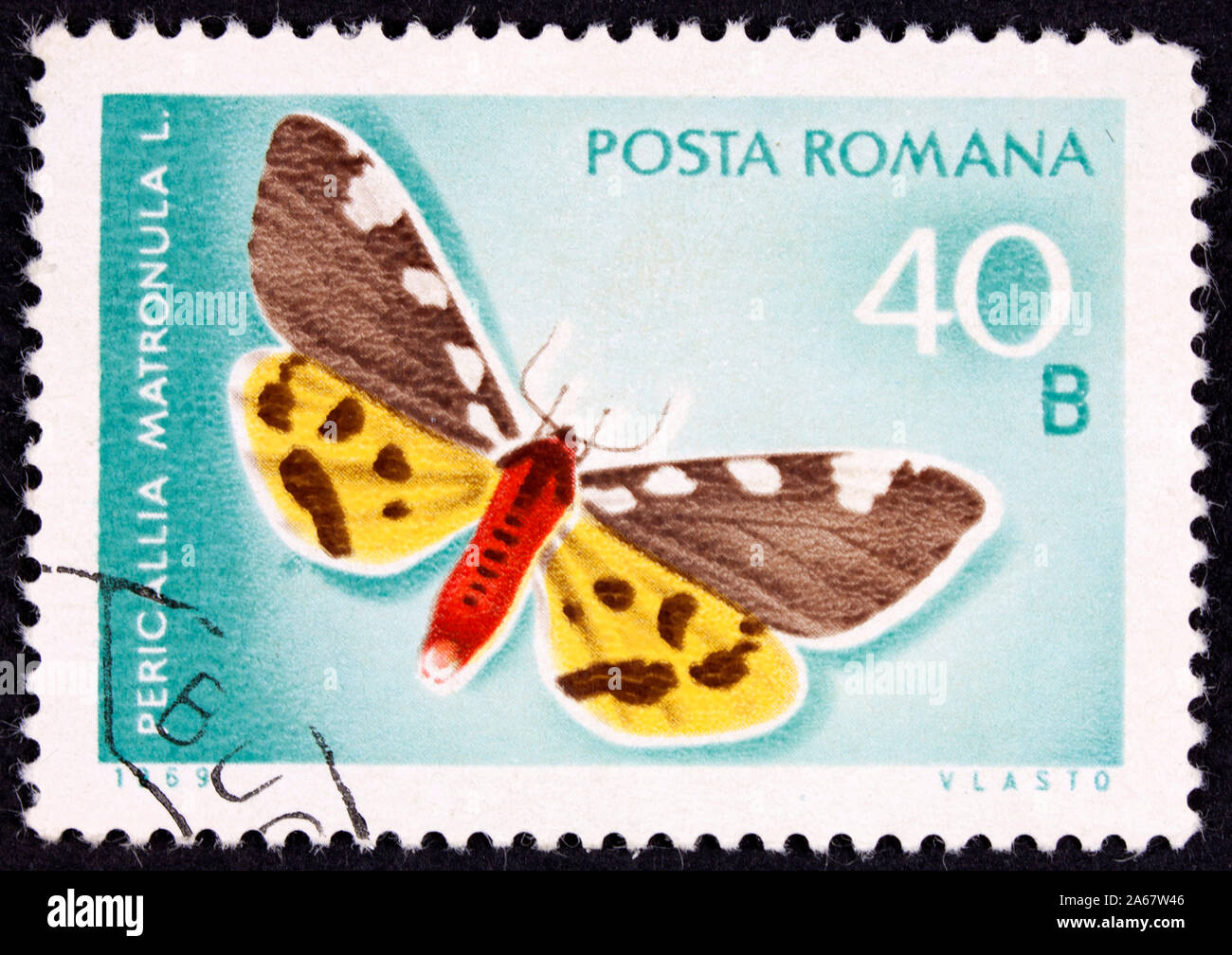 Stamp from Roemenie with a photo of a beautiful single butterfly printed on paper Stock Photo