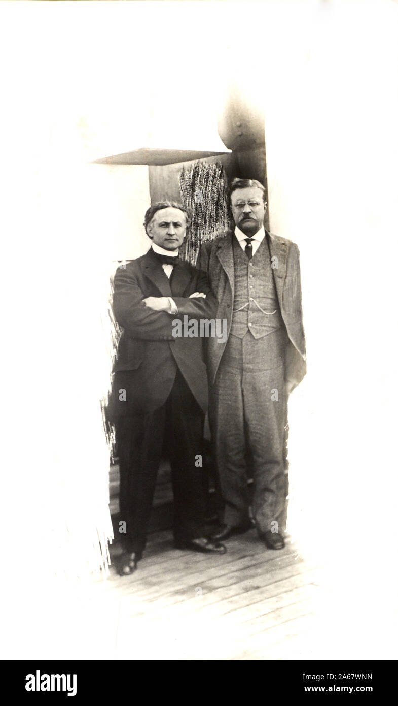 Former U.S. President Theodore Roosevelt with Harry Houdini, Full-Length Portrait Aboard the S.S. Imperator, 1914 Stock Photo