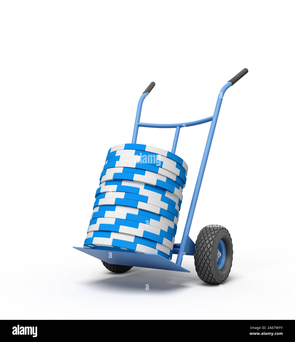 3d rendering of stack of blue and white poker chips. Stock Photo