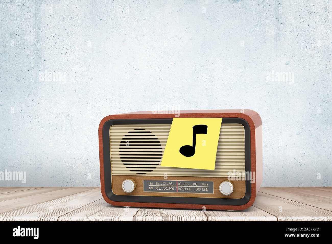 3d close-up rendering of retro radio set with yellow post-it note on ...
