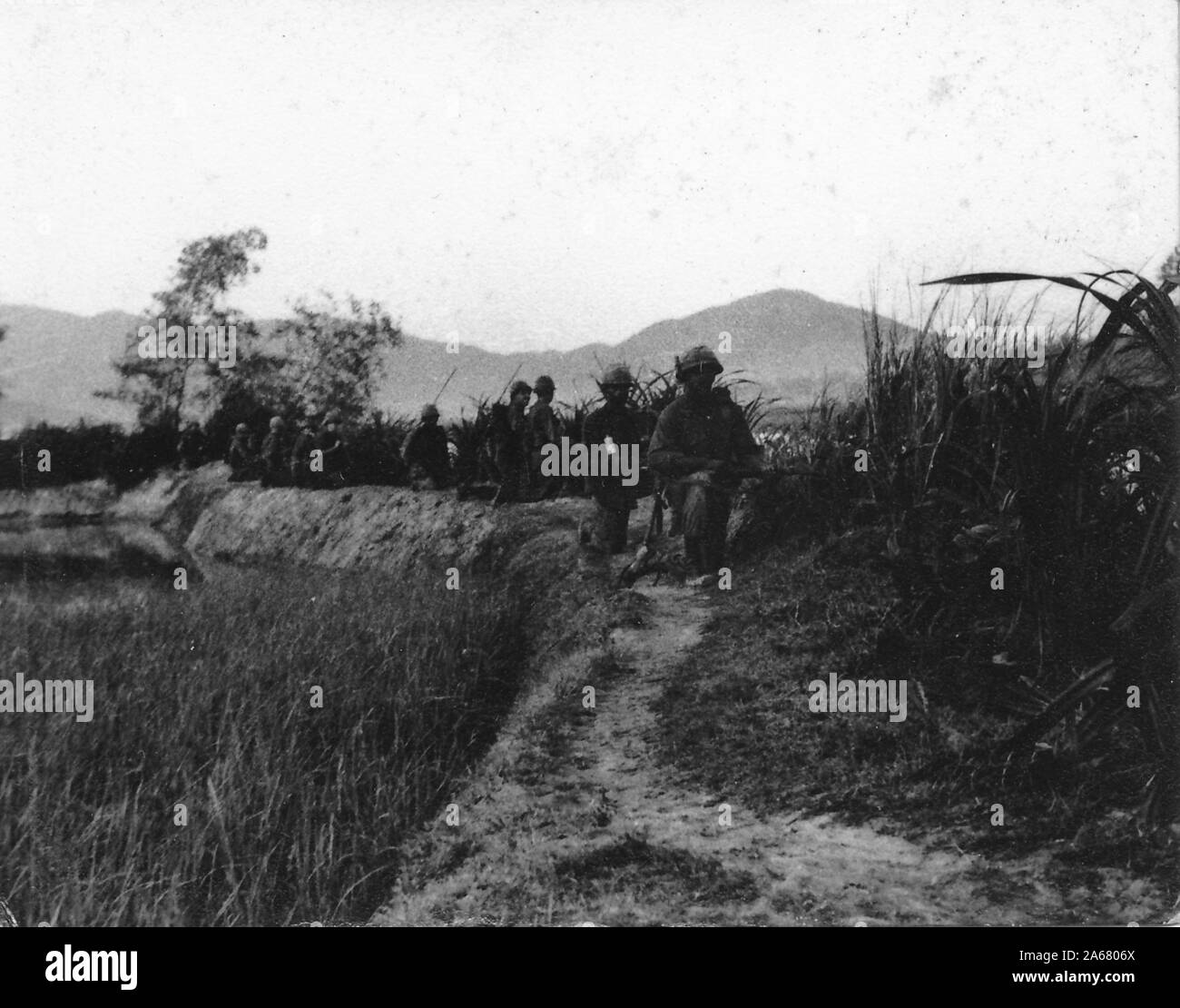 Dark shot of a line of armed American servicemen, walking in single file, on a dirt path weaving through rice paddies, Vietnam, 1965. () Stock Photo