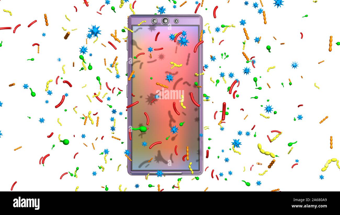 Smartphone covered with germs, bacteria, viruses, microbes. 3d