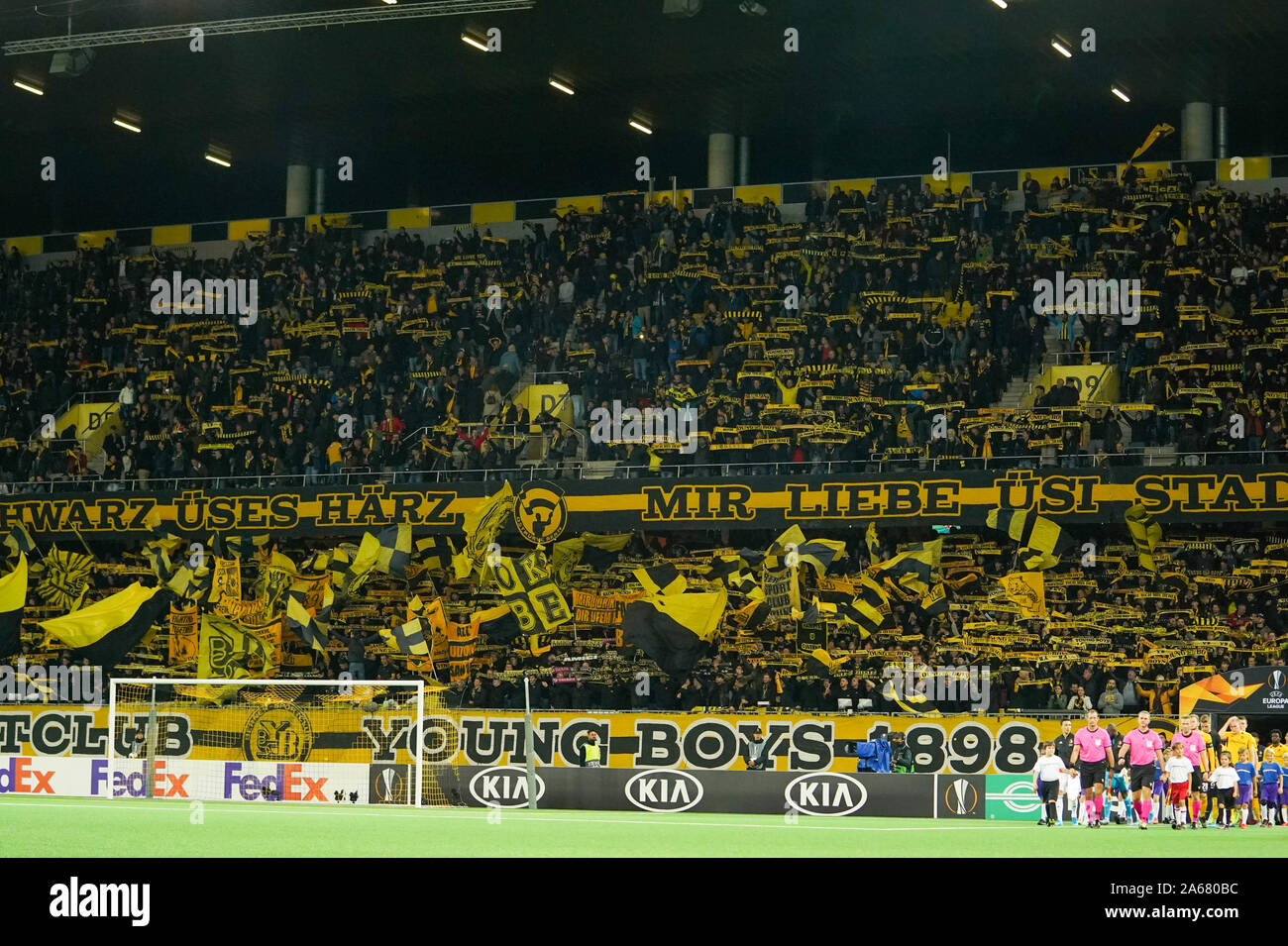 BERNE, SWITZERLAND - OCTOBER 24: Fans of BSC Young Boys cheering on their team during the Europa League Group G Stage football match between Young Boys and Feyenoord Rotterdam at Stade de Suisse on October 24, 2019 in Berne, Switzerland (Photo by Daniela Porcelli/SPP) Stock Photo