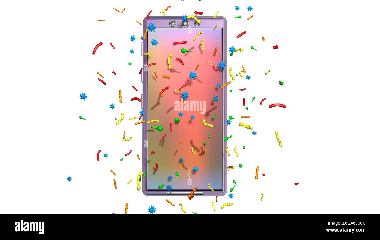Smartphone covered with germs, bacteria, viruses, microbes. 3d