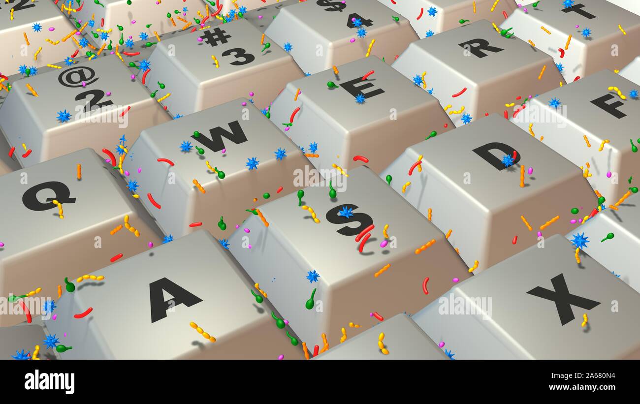 Computer keyboard covered with germs, bacteria, viruses, microbes.Close up view . 3d rendering