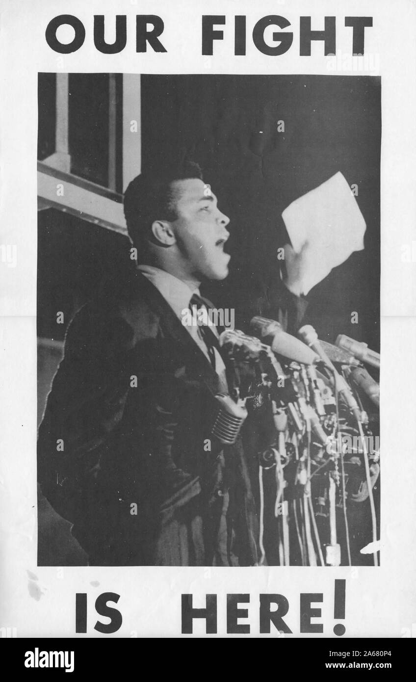 Poster with a profile shot of boxer Muhammad Ali, standing in front of microphones waving a paper, captioned 'Our Fight is Here!' in reference to his conscientious objection to the Vietnam War, produced for the United States of America, 1965. () Stock Photo