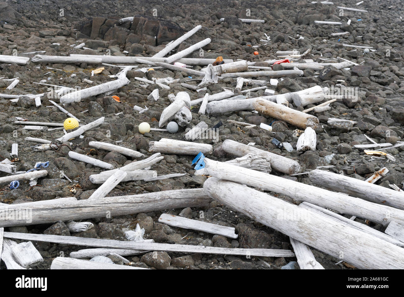 Clean Up Svalbard campaign of the Sysselmannen. Flooded rubbish on a remote beach in the high arctic, Agardhbukta, Svalbard, Norway Stock Photo