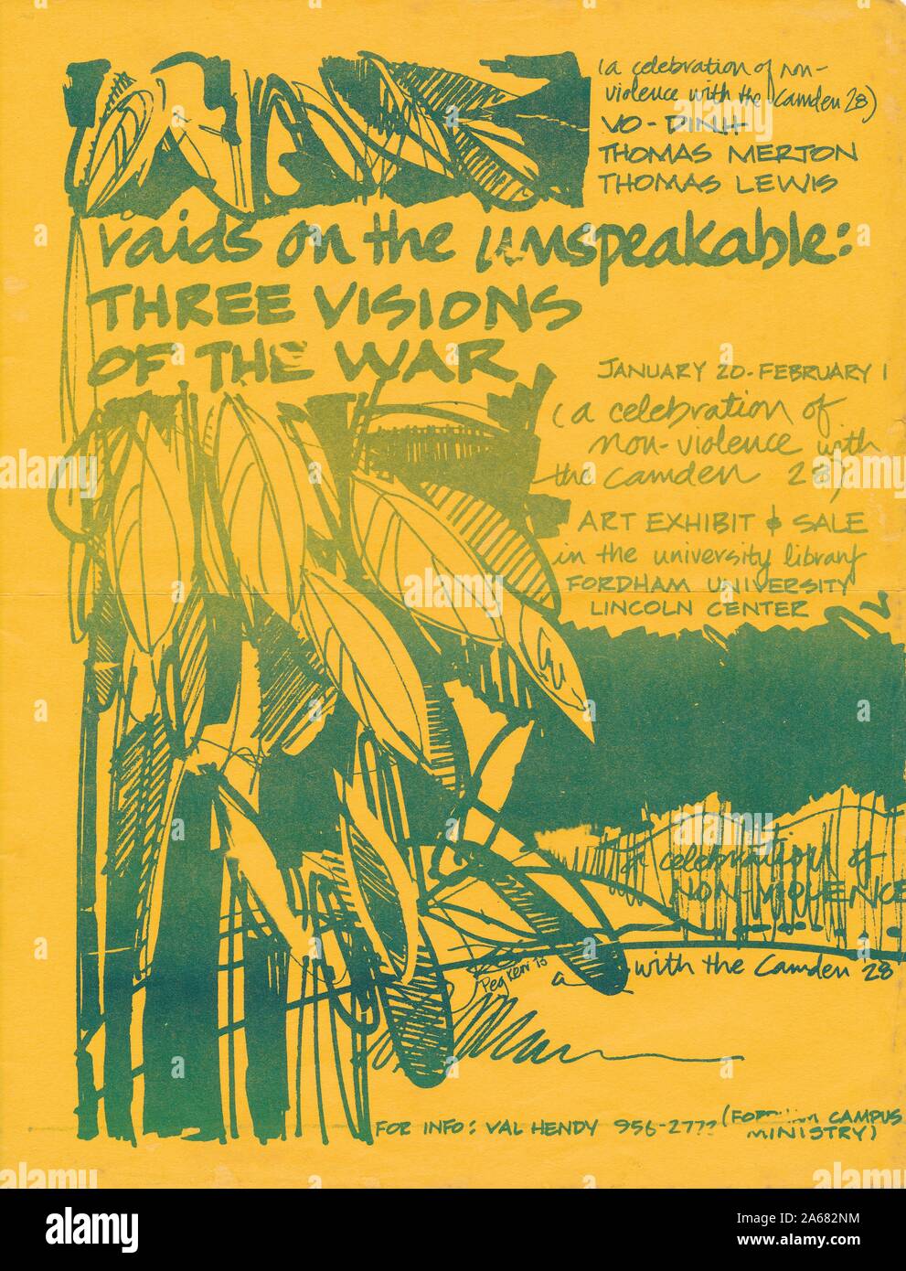 Leaflet advertising an anti-Vietnam War art exhibit and sale, titled 'raids on the unspeakable: Three Visions of the War (a celebration of non-violence with the Camden 28)' held at Fordham University, New York City, New York, 1971. () Stock Photo