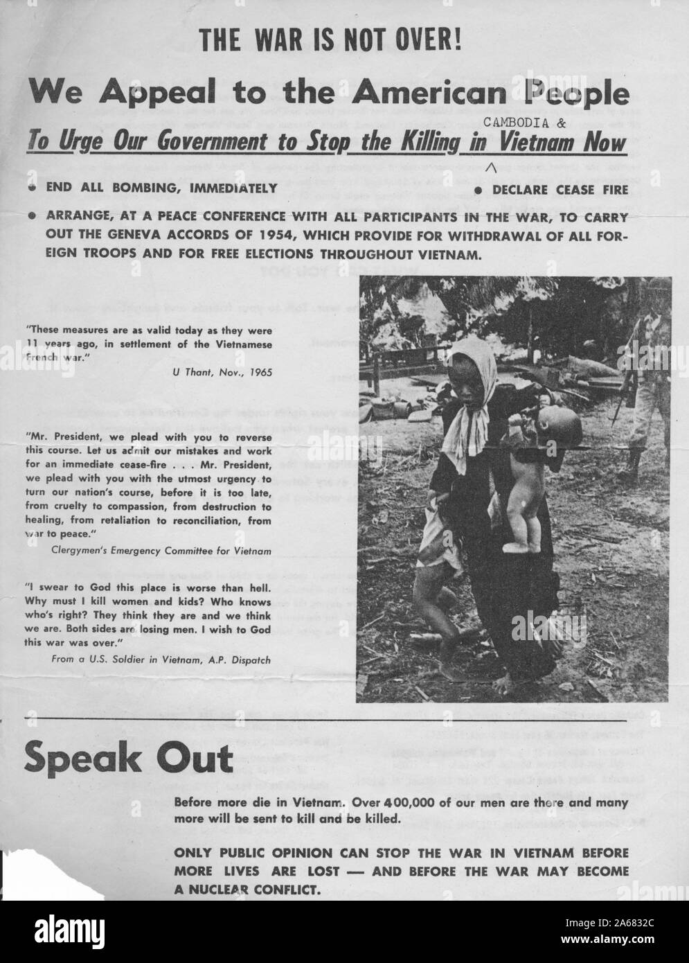 Anti-war leaflet, with an image of a woman with small children being followed by an armed American serviceman, urging Americans to 'Speak Out' against the Vietnam War, issued by the Catholic Peace Fellowship, New York City, New York, 1965. () Stock Photo