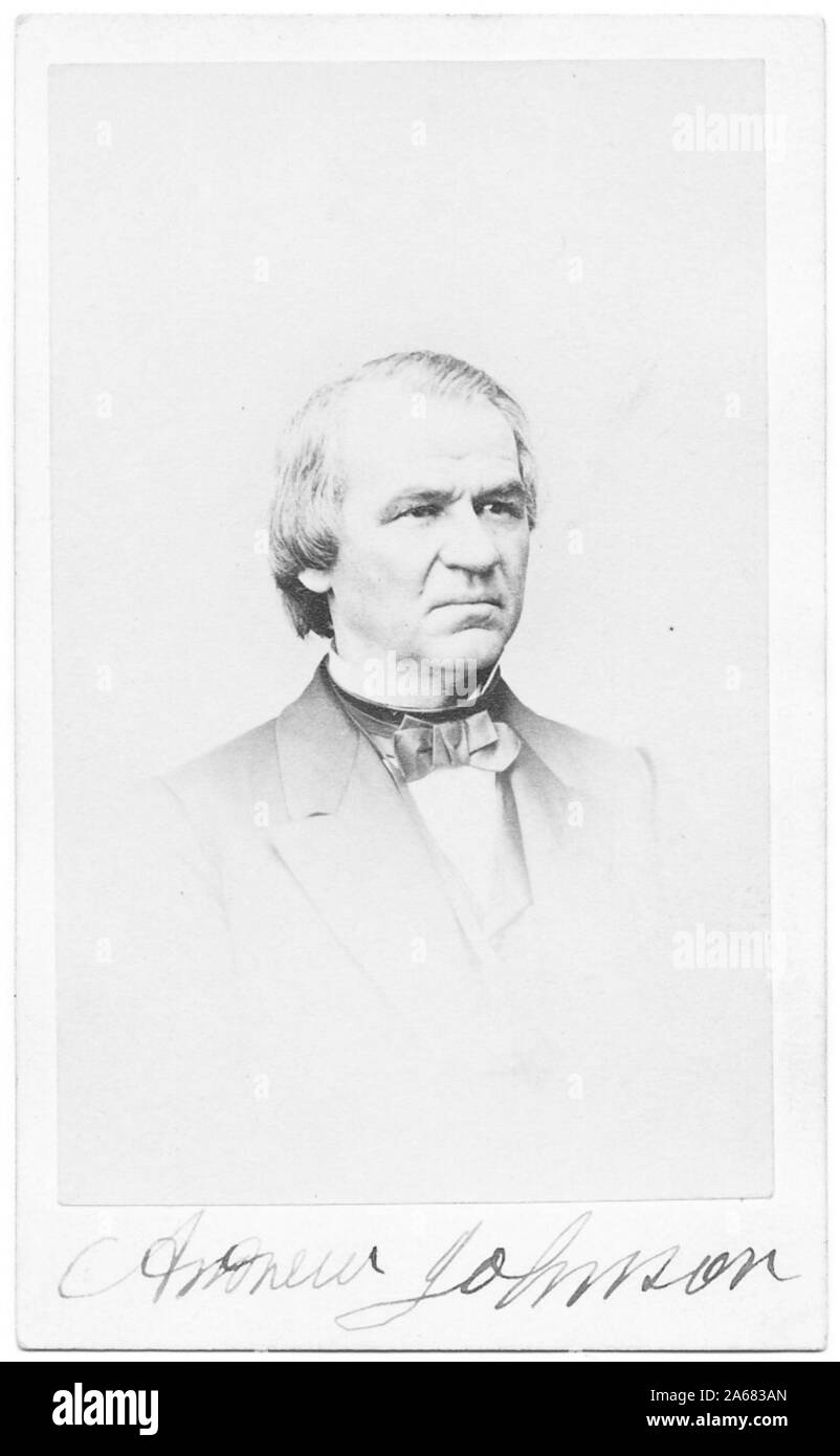Signed carte de visite with a three-quarter-profile portrait of 17th United States President Andrew Johnson, with a serious expression on his face, developed by MB Brady and Company's National Photographic Portrait Gallery, Washington, DC, 1868. () Stock Photo