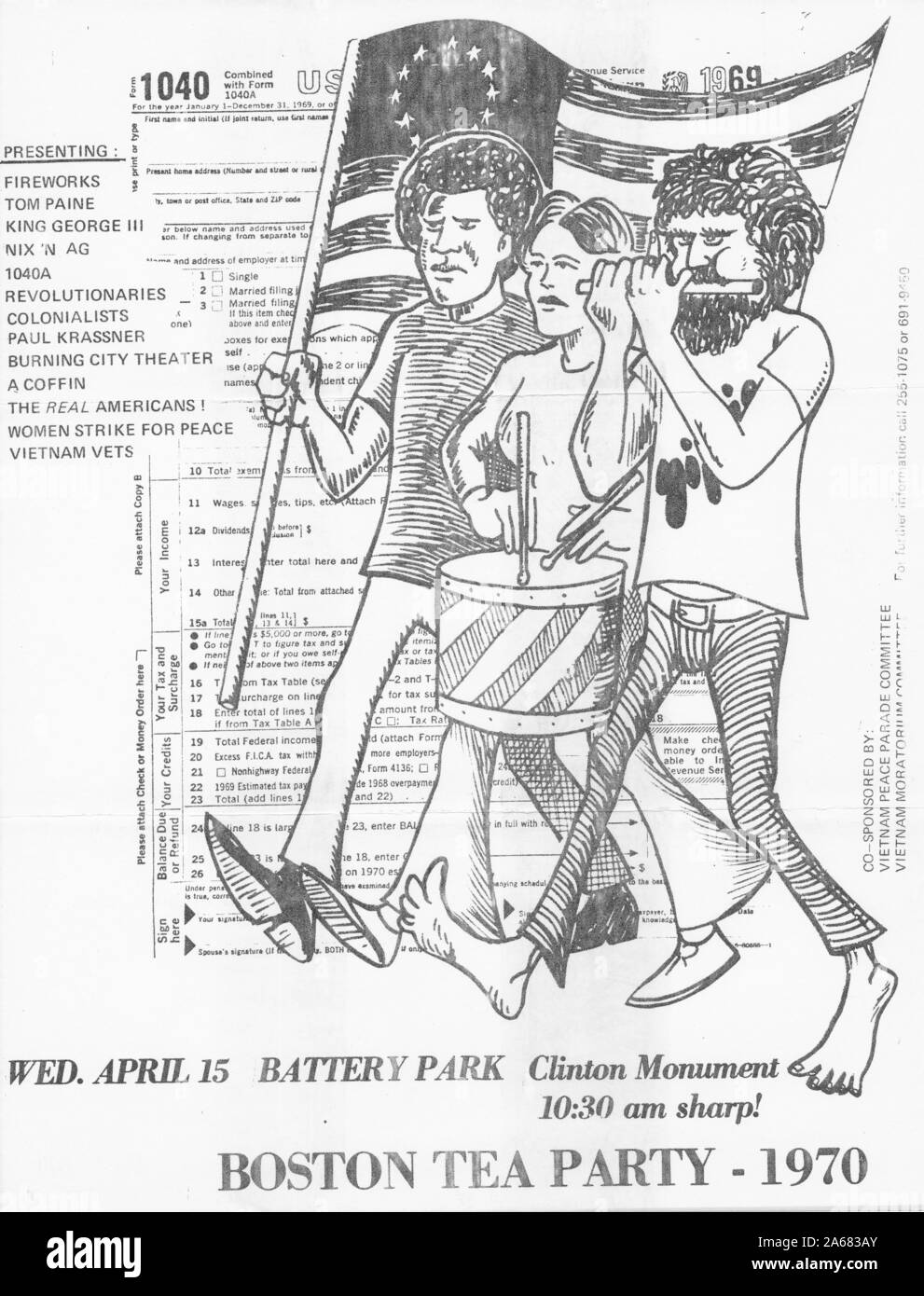 Flyer advertising the 'Boston Tea Party,' an anti-Vietnam War event held in Battery Park, with a drawing depicting three figures in the role of Revolutionary soldiers set against a tax-form background, issued by the Vietnam Peace Parade Committee and the Vietnam Moratorium Committee, New York City, New York, April, 1970. () Stock Photo