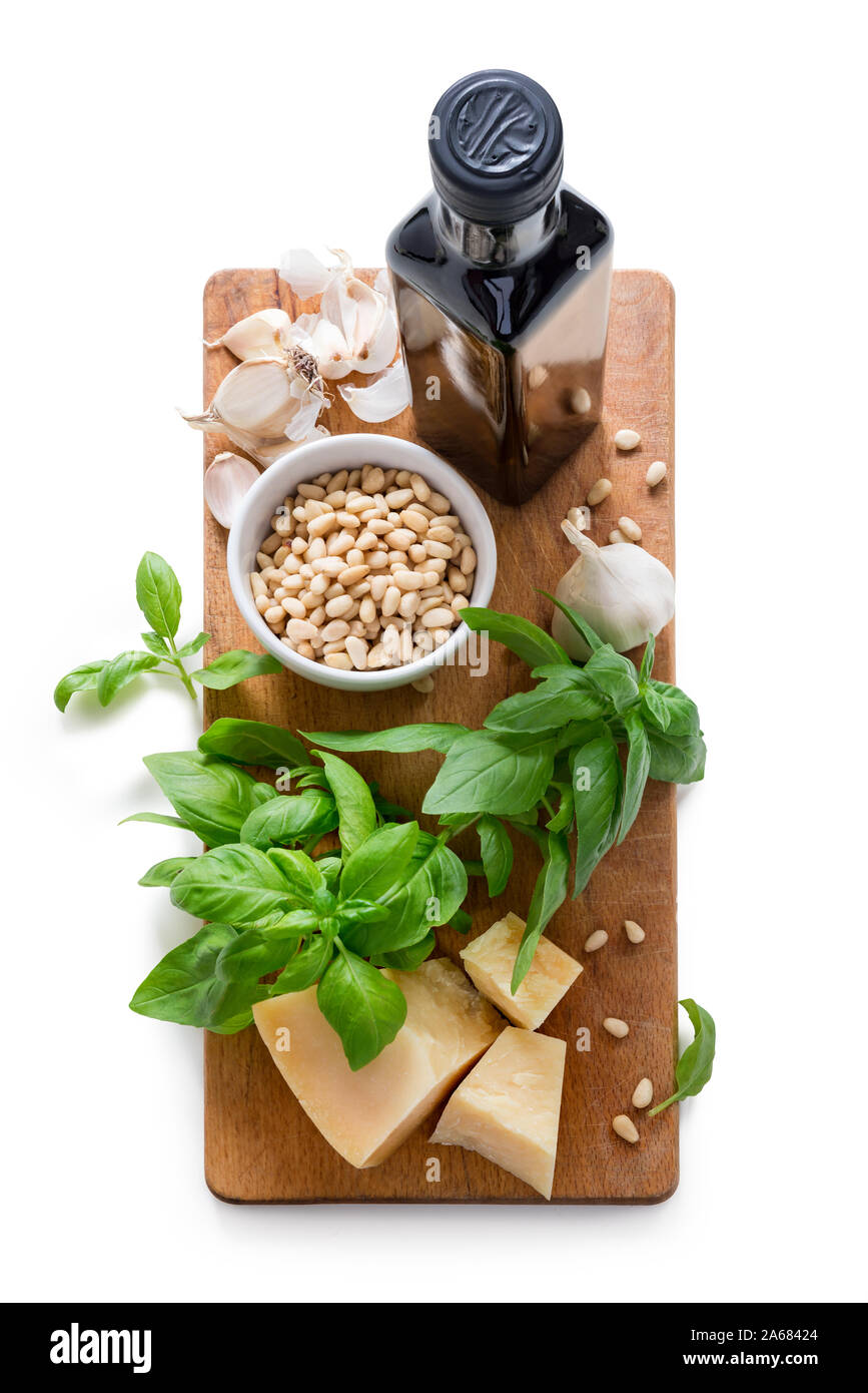 Ingredients for cooking green italian sauce pesto Stock Photo Alamy