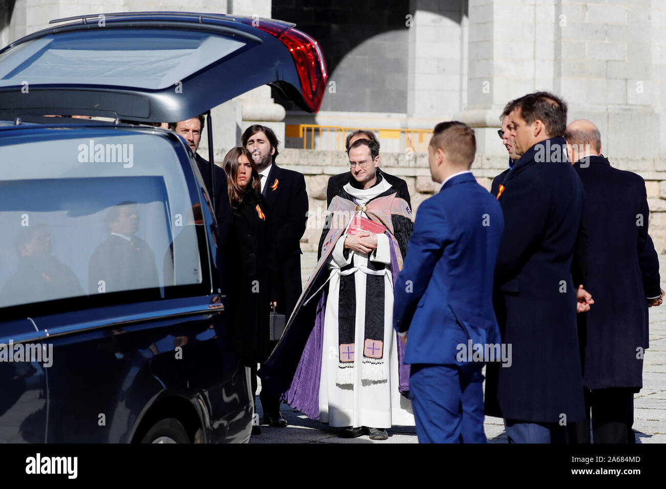 The Franco family accompanies Spanish government officials during the exhumation of the remains of the dictator Francisco Franco in the 'Valley of the Fallen' October 24,2019.The Supreme Court of Justice approves that the body of the dictator be exhumed to the cemetery of El Pardo in Madrid. In this cemetery, the wife of the dictator, Mrs. Carmen Polo, is buried. Franco was allied with Adolf Hitler in World War II. Credit: Jorge Rey/Media Punch Stock Photo