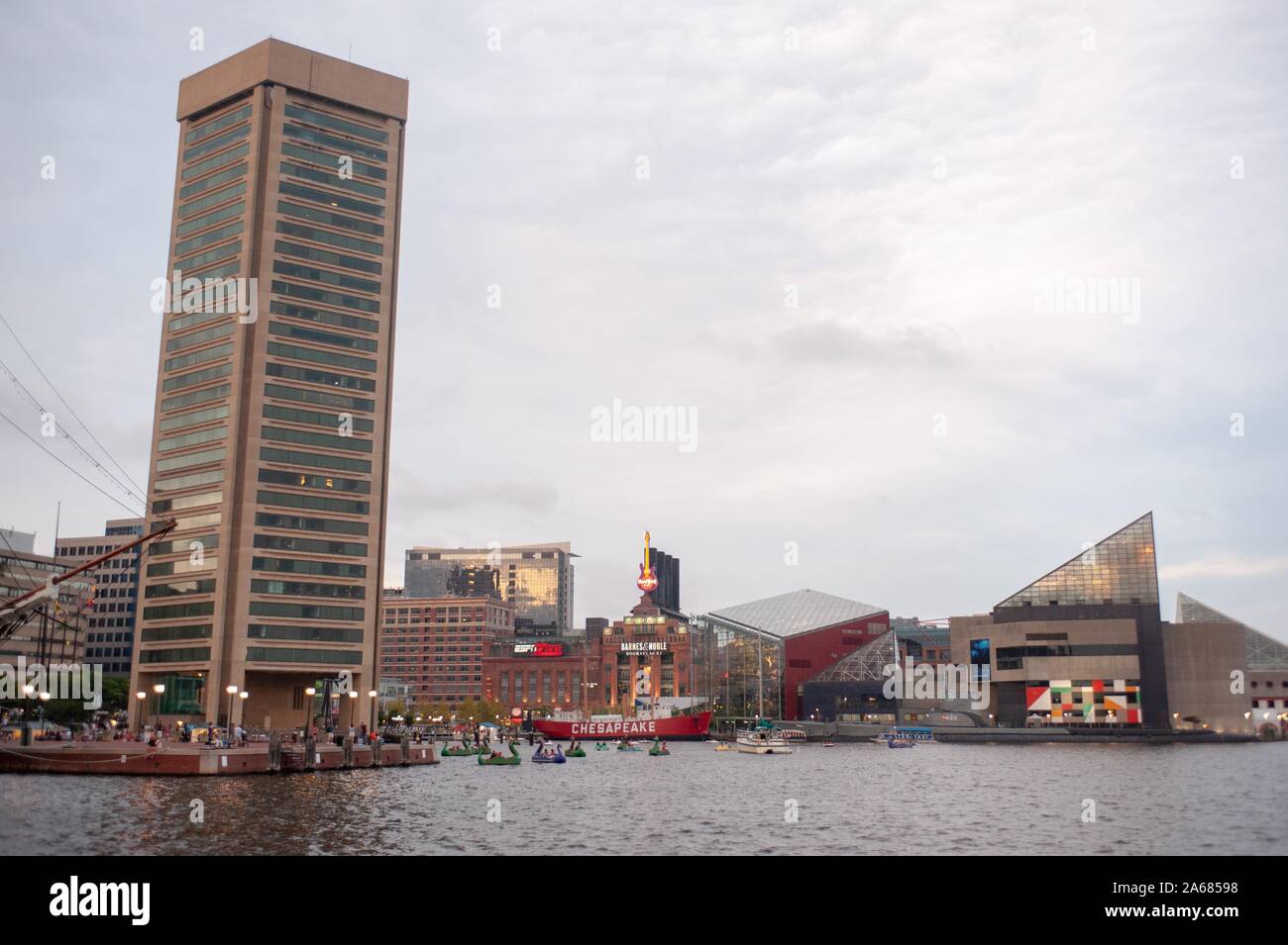 The United States lightship Chesapeake (LV-116), the Pratt Street Power Plant, and the National Aquarium, Inner Harbor area, Baltimore, Maryland, September 6, 2009. From the Homewood Photography Collection. () Stock Photo